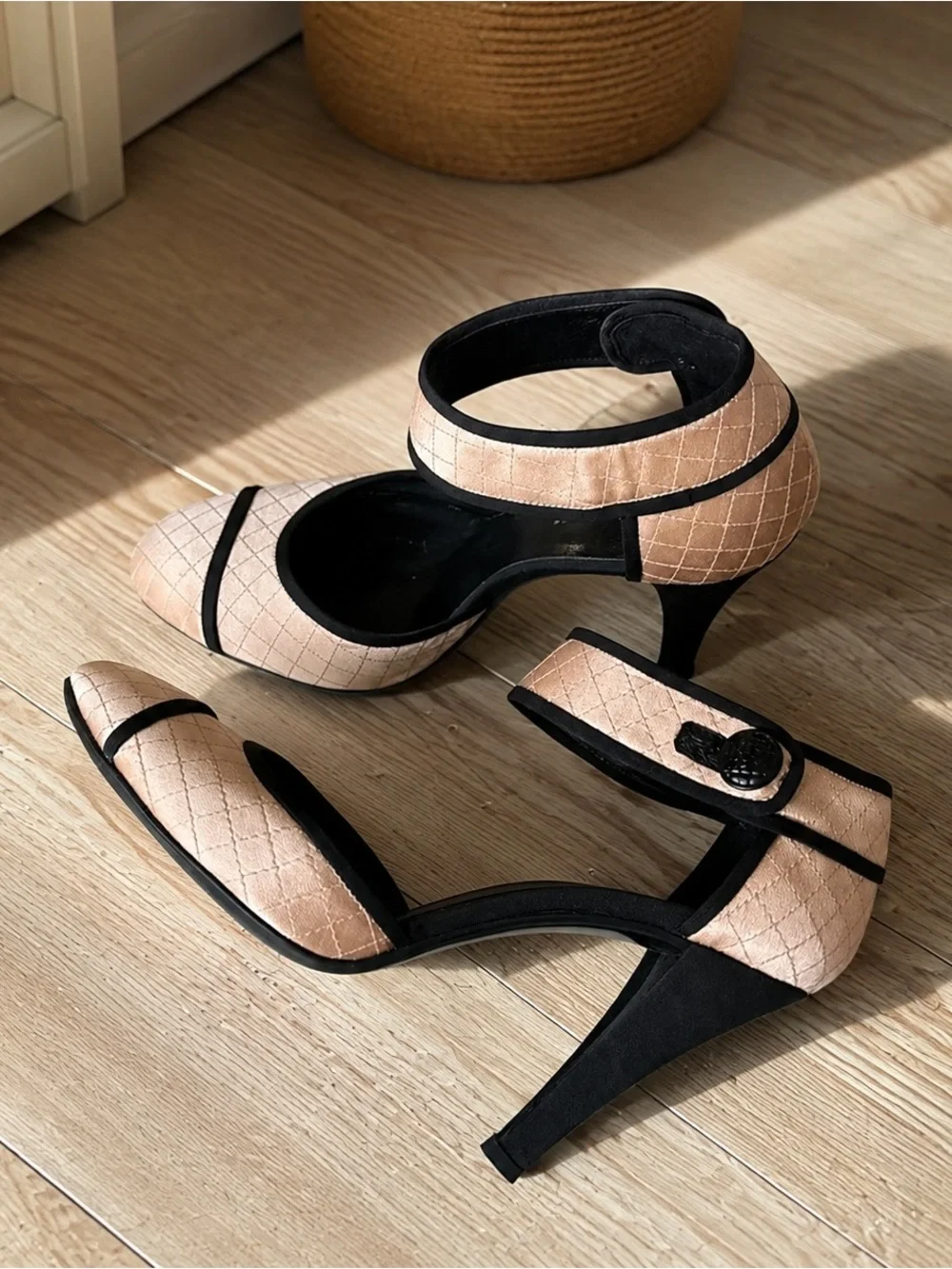 CHANEL Beige and Black Quilted Ankle-Strap Pumps